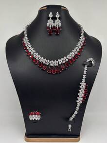 4 Stücke Luxus Schmuckset für Frauen, Kupfer eingelegt mit grünem & pinkem Zirkonia Halskette, Ohrringe, Ring, Armband, Brautschmuckset, Valentinstag Geschenk für Freundin