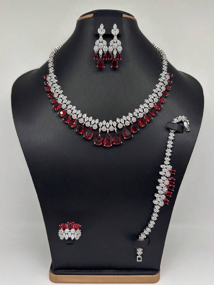 4 件套女士奢华珠宝套装，铜镶嵌绿色和粉色锆石项链、耳环、戒指、手链、新娘珠宝套装，情人节送给女友的礼物 - 粉色 - 查看 1