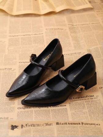 Women's New Black Pointed Toe Lychee Grain Retro Mary Jane Strap Chunky Heel Pumps, Fashionable Elegant Non-Fatiguing Versatile Shoes Suitable For Daily Commute, Work, Office, And Campus