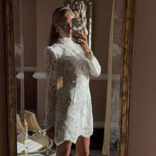 European And American Hot-Selling Women's Fashion Sexy Lace Short Dress Hollow Out Bell Sleeve Dress For Women - 白色 - 查看 4
