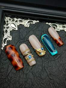 10pcs Baroque Style Artificial Nails, DIY French Y2K Manicure Set, Including Pink, Red, Light Blue, Brown, Shiny Nails, 3D Handmade Starfish & Shell Decor, 3D Hand-Painted Wave & Cherry Blossom, 3D Colorful Carved Flower Acrylic Nails, Suitable For Christmas, Girls Nail Art Kit, Comes With Gel Stickers And Nail File. - 彩色 - 查看 3