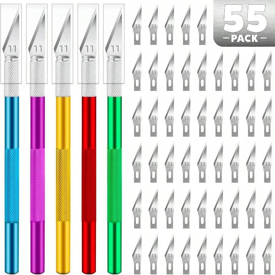 55 PCS Exacto Knife Set 5 Piece Craft Knife And 50 Additional SK5 Blades Hobby Knife For Miniatures Professional Exacto Knife For Crafting Precision Knives For Crafts - 多色紫色綠色紅色藍色金色 - 查看 1