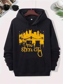 Sudadera con capucha de diseño de acero de Pittsburgh para hombres - patrón de ciudad de acero negro y dorado,üinos y número dieciséis, sudadera cómoda de algodón estilo urbano, sudadera casual lavable aáquina, ropa de fan de deportes de Pittsburgh, manga larga con bolsillo delantero, ajuste regular, estilo maduro, amarillo vibrante y estampado de horizonte de ciudad de acero negro - Negro - Ver 1