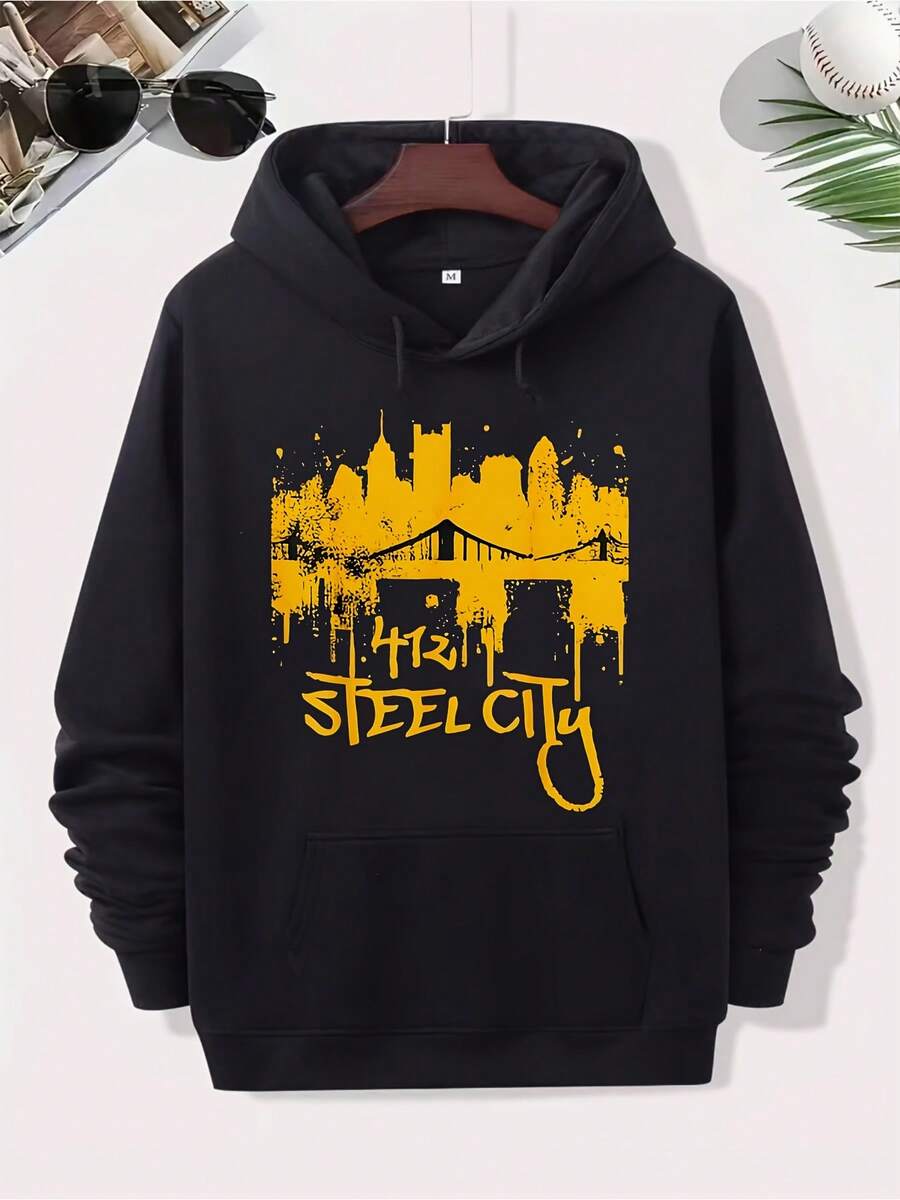 Sudadera con capucha de diseño de acero de Pittsburgh para hombres - patrón de ciudad de acero negro y dorado,üinos y número dieciséis, sudadera cómoda de algodón estilo urbano, sudadera casual lavable aáquina, ropa de fan de deportes de Pittsburgh, manga larga con bolsillo delantero, ajuste regular, estilo maduro, amarillo vibrante y estampado de horizonte de ciudad de acero negro - Negro - Ver 1