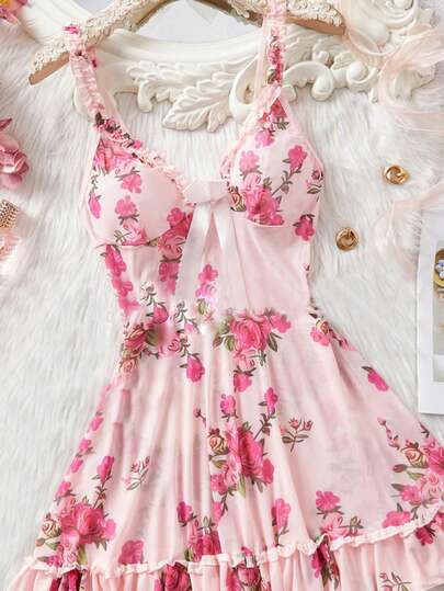 Women's Sexy Printed Lingerie, Loose Fit Deep V-Neck Lace Trim Nightgown, Suitable For Bedroom, Valentine's Day And Other Occasions, Sexy Underwear