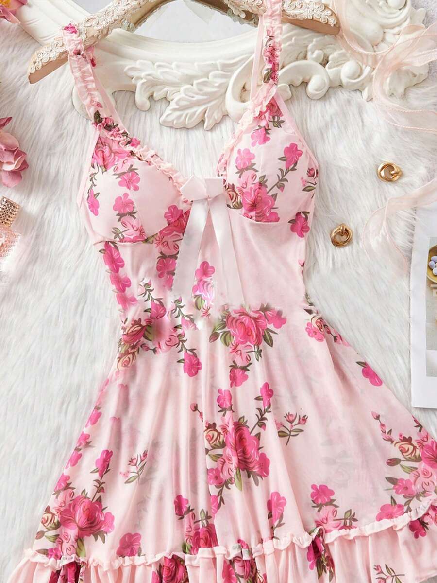 女士性感印花睡衣，宽松深V领蕾丝边睡裙，适合卧室、情人节及其他场合，性感内衣 - 杏色 - 查看 1