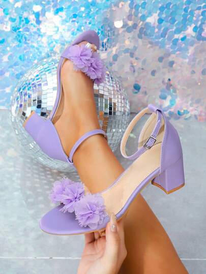 1 Pair Fashionable Floral Decor Comfortable High Heel Sandals For Teenage Girls, Suitable For Parties, Dancing, Weddings