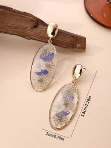 1 par de pendientes rectangulares con efecto de resina y flores secas multicolor de moda, delicados y versátiles para mujeres, adecuados para vacaciones, fiestas y uso diario. Puede haber una ligera diferencia entre la flor seca real y la imagen. - Azul neblina - Ver 3