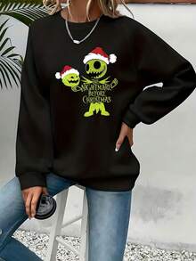 Nightmare Before Christmas Women's Sweatshirt - Tim Inspired Green  & Sally Graphic, Cozy Round Neck Pullover For Fall Winter, Casual & Themed Events (Officially Licensed) - màu đen - Xem 1