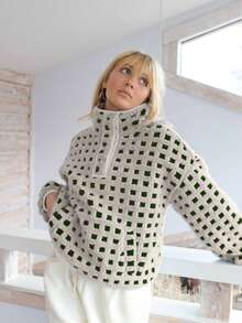 Women's Autumn And Winter High-Neck Button-Checked Pullover Knitted Top - Khaki - View 2
