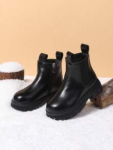 1 Pair Children's Warm Boots, Girls Casual High-Top Thermal Lined Anti-Slip Leather Boots For Autumn/Winter - Black - View 6