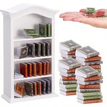 36 pezzi 1:12 Scala Libri in miniatura per Dollhouse e 1 libreria in legno, 4 piani Mobili Scaffale per esposizione libri, Libri assortiti mini, Accessori per decorazione Dollhouse per casa e camera da letto