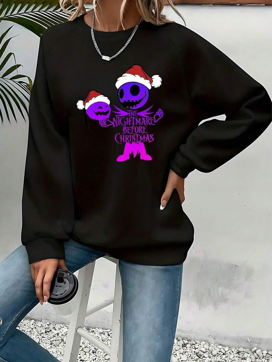 Nightmare Before Christmas Women's Sweatshirt - Tim Inspired  & Sally Graphic, Cozy Fall Winter Pullover For Halloween & Christmas, Casual Long Sleeve Crewneck Sweater (Machine Washable), Playful Cartoon Design With Santa Hat, Soft Round Neck Pullover For Working, Shopping & Exercising At Home - Black - View 1