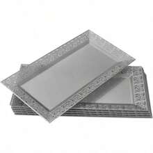 SILVER SPOONS - Bandejas de plástico de encaje elegantes 6 unidades bandejas de plástico desechables y platos para fiestas 14 x 7.5 pulgadas sirve aperitivos postres dulces perfectas para - plateado - Ver 2