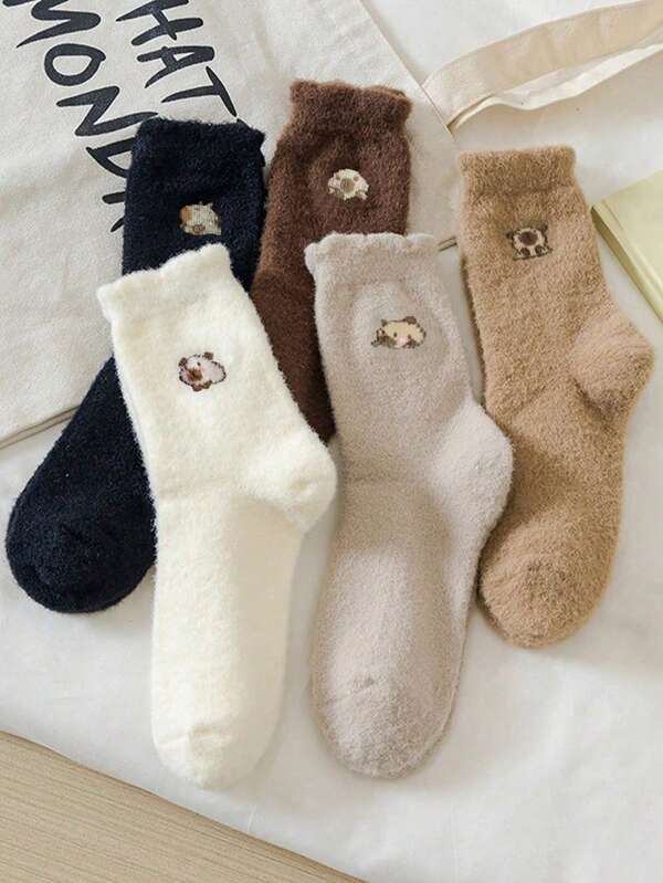 Sanrio 5 Pairs Women's Autumn/Winter Coral Fleece Cute Cartoon Pattern Fashion Comfortable Warm Sleep Home Mid-Calf Socks