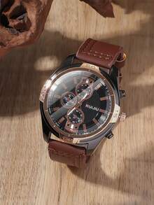 3pcs/SetThree - Piece Quartz Watch Set, Three Styles With Multi - Style Brown Leather Straps, Multi - Functional Chronograph Dial, Business And Casual Men's Watches, Gift Set For Men On Birthdays And Anniversaries (Gift Box Not Included) - Black - View 4