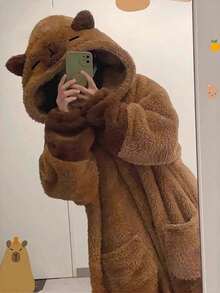Autumn And Winter Plush Plush Thickened Nightgown For Women Mid-Length Nightgown Cute Cartoon Image Black And White Panda Brown Capybara Warm And Comfortable Pajamas Thickened Home Clothes - 棕色 - 查看 3