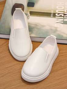 Kids' Slip-On White Shoes, Minimalist Solid Color PU Casual Sneakers, Comfortable Soft Sole For School & Daily Wear - White - View 5