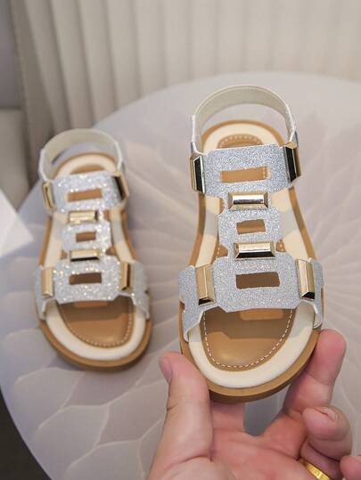 Hot Selling New Kids Sandals, Girls' Silver Shiny Style, Gold Square Decorative Buckle, Fashionable Princess Shoes, Soft Non-Slip Brown Sole, Suitable For Summer Wear, Breathable Sandals