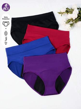 4pcs Women's Solid Color High Waist Menstrual Panties, Absorbent Leak-Proof For Period & Postpartum, Comfortable Fitted Underwear
