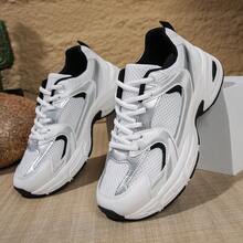 American Retro Contrast Color Running Shoes, Mesh Breathable, Thick Bottom Cushioning, Campus, Street, Daily Wear Template, Running Shoes To Grasp The Relaxation Feeling, 5cm High Casual Shoes - 白黑色 - 查看 3