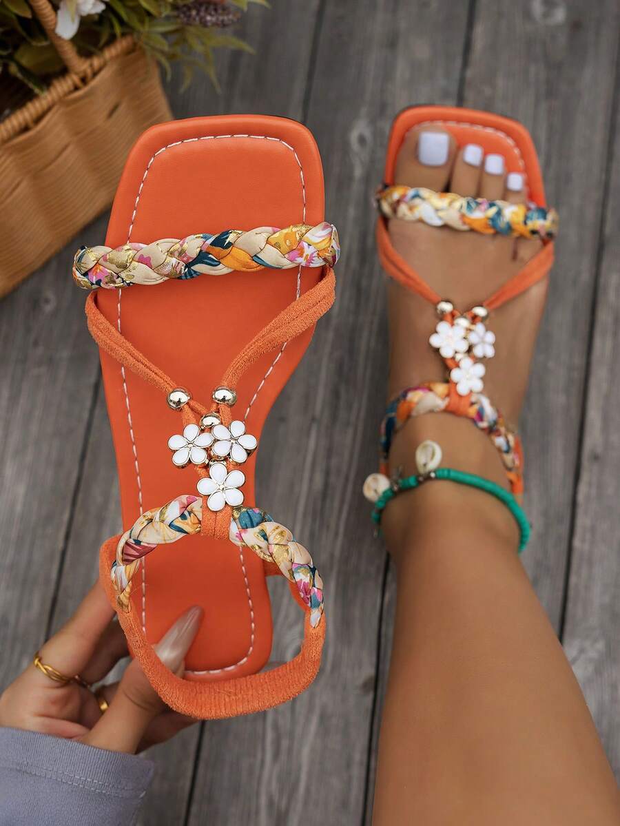 Breathable Braided Flat Sandals For Women - Comfortable Wide Width Walking Shoes With Arch Support, Non-Slip Vacation Sandals,Women's Non-Slip Comfort Sandals With Elastic Ankle - Soft Sole Supportive Shoes For Walking, Beach Wedding Guest Shoes,Wide Toe Box Flat Sandals For Women - Breathable Everyday Slides With Flower Decor, Machine Washable Summer Shoes,Women's Supportive Sandals For Plantar Fasciitis - Comfortable Orthopedic Sandals With Cushion, Lightweight Travel Sandals,Boho Elastic Strap Sandals For Women - Non-Slip Rubber Sole Beach Shoes, Cute Comfortable Sandals For Wide Feet - 橘色 - 查看 1