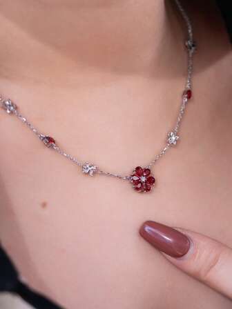 1pc S925 Sterling Silver Original Versatile INS Style Red Zirconia Six-Petal Flower Pendant Necklace, Elegant Vintage Design, Suitable For Women's Daily Wear, Holiday & Party Gift