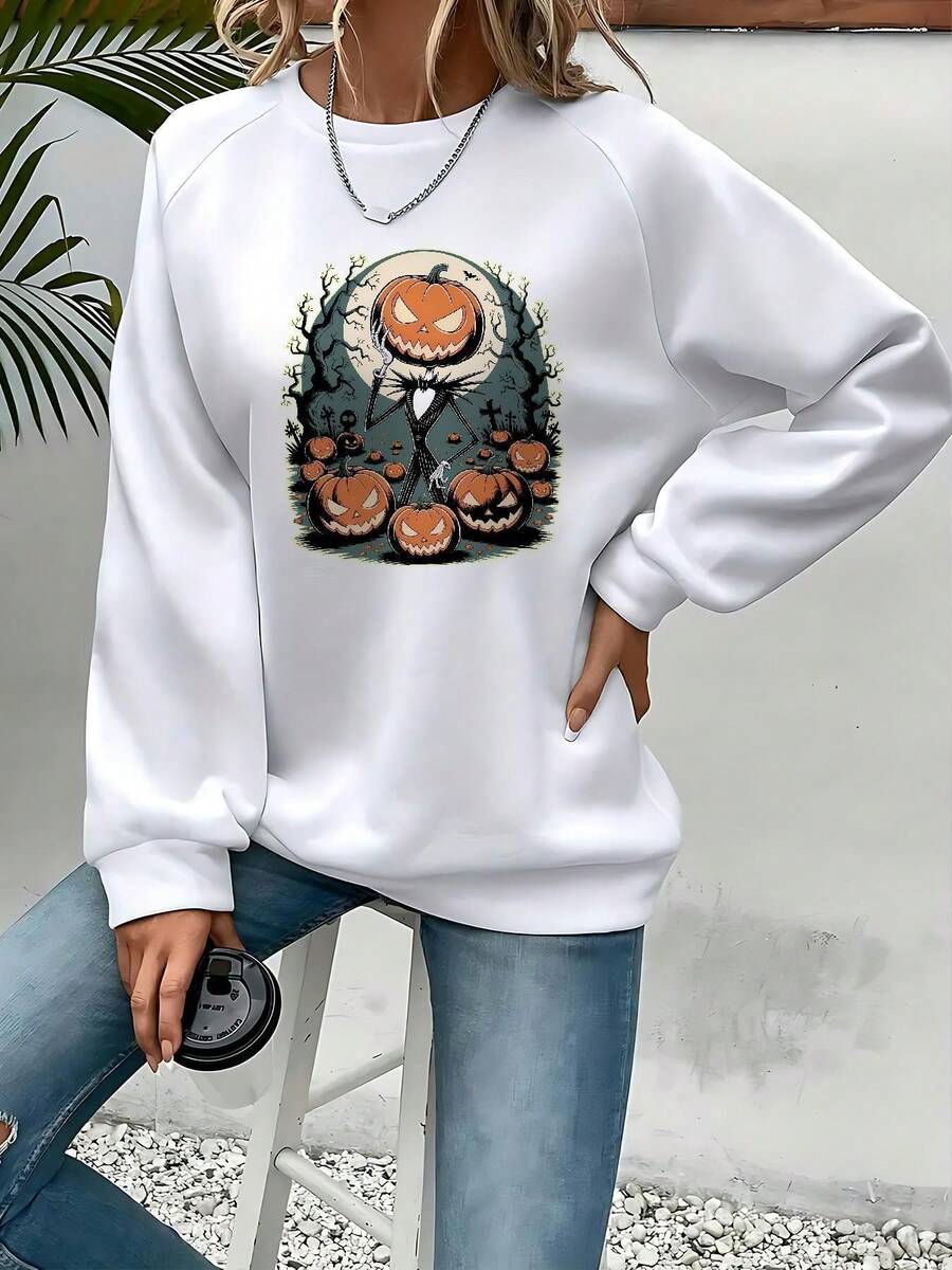 Women's Nightmare Before Christmas  & Sally Graphic Sweatshirt - Cozy Fall Winter Crewneck Pullover, Casual Halloween Apparel, Machine Washable Cartoon Character Sweater - trắng - Xem 1