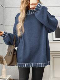 プラスサイズ カジュアル クルーネック ストライプ コントラストカラー ニットプルオーバーセーター