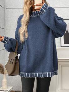 大码休闲圆领条纹撞色针织套头衫