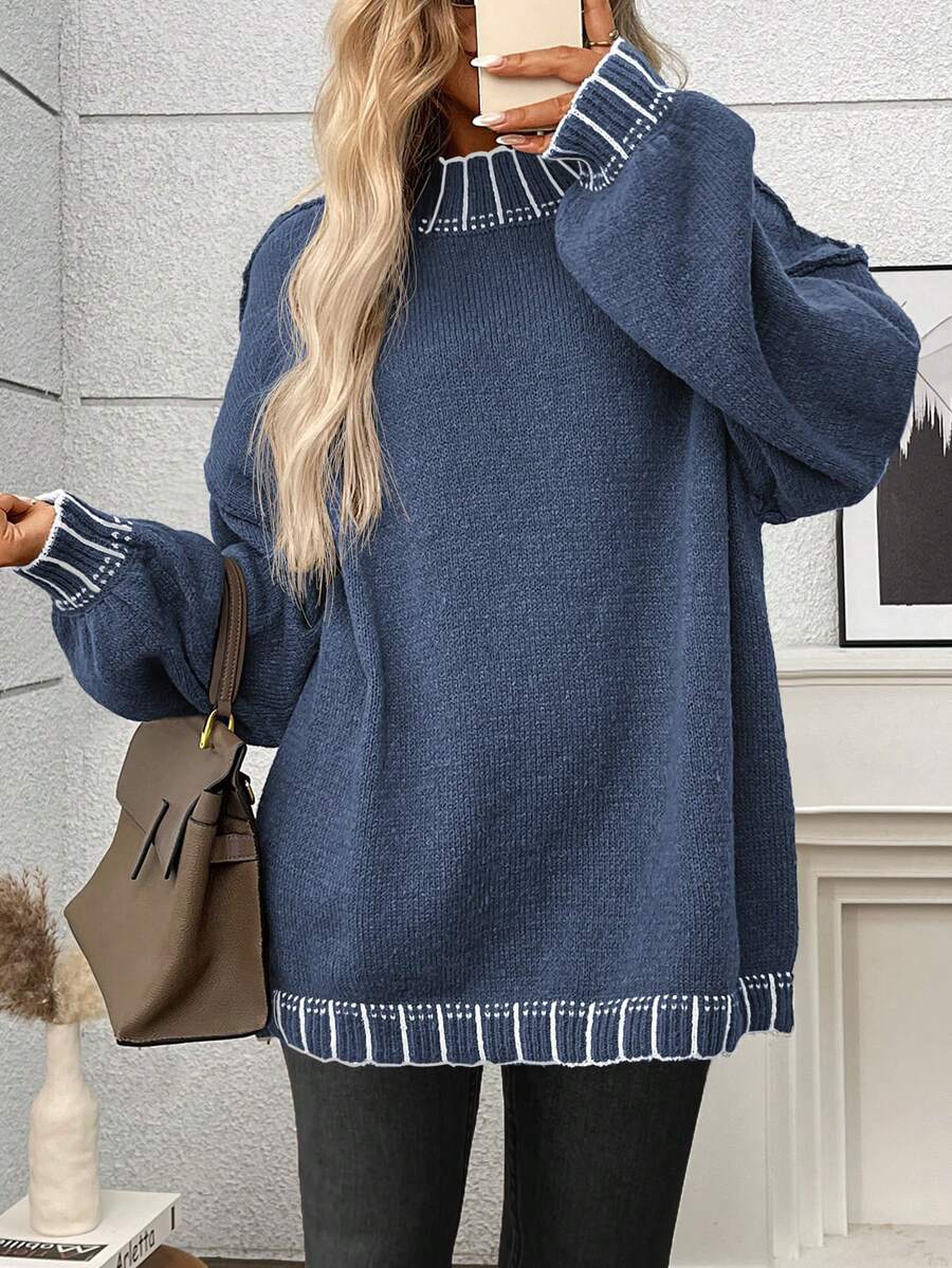 大码休闲圆领条纹撞色针织套头衫