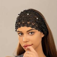 1 Piece 4 Colors Lace Pattern Hairband Headband With Artificial Pearl Pendant Elastic Headband Wide Brim Hair Accessory Women Daily Party Festival Decoration - màu đen - Xem 5
