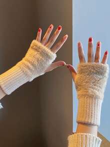 1 Pair Women's Fingerless Gloves, Fluffy Student/Office Writing Mid-Length Gloves For Winter - Multicolor - View 4