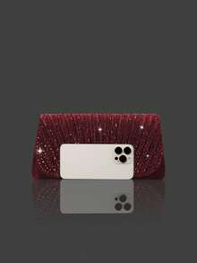 闪亮水钻翻盖晚宴包，优雅褶皱手拿包，适合派对，附赠3件套水钻首饰——吊坠项链和耳环，适合派对、晚宴、聚会、舞会、婚礼和其他场合。 - 酒紅色 - 查看 7