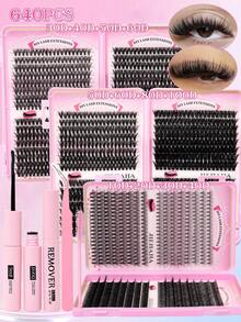 640pcs D-Curl Fluffy False Eyelashes Set, Includes Eyelash Glue, Tweezer, Mascara Brush, Magnifying Eyelashes, Lightweight & Reusable, Large Capacity Individual Lashes, Soft & Natural Mixed Lashes For 3D Volumized Eye Makeup