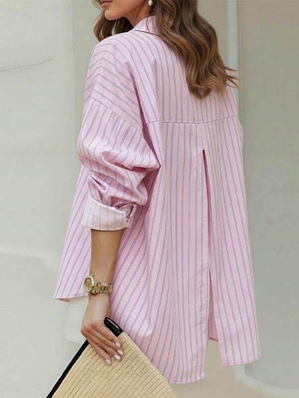 Ropa de otoño para mujer, blusa de manga larga con botones y rayas en color rosa para uso casual y diario en otoño