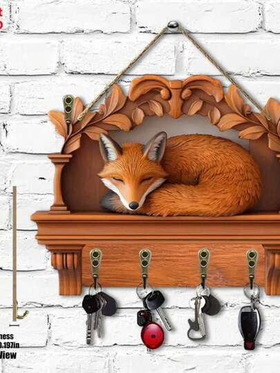 1 pieza Perchero de llaves de madera con escultura de zorro, un elegante gancho de pared con un encantador motivo de zorro para realzar la entrada y la decoración de la habitación; elaborado en madera natural con cuatro ganchos de metal resistentes para llaves, sombreros, bolsos y pequeños accesorios; perfecto para un vestíbulo, pasillo, sala de estar o dormitorio organizado; ligero y fácil de instalar para mejorar la decoración del hogar durante todo el año