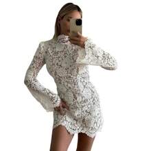 European And American Hot-Selling Women's Fashion Sexy Lace Short Dress Hollow Out Bell Sleeve Dress For Women - 白色 - 查看 6
