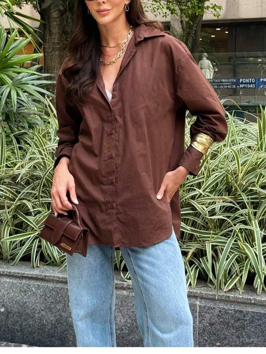 Women's Long-Sleeved Linen Shirt - 巧克力棕色2 - 查看 1