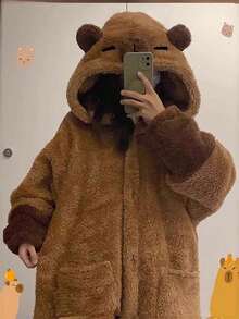 Autumn And Winter Cartoon Nightgown Plush And Thick Cute Panda Plush Hooded Nightgown Capibara Home Comfortable Leisure Warm Mid-Length Jumpsuit Home Clothes - 深棕色 - 查看 2