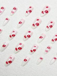Add A Touch Of Romance With 24pcs, Press On Nails Medium, Simple Daily Routine, Nail Art,French Tip Nails, Light Pink And White Base Color, Almond Nail Tips, Red Lip Print, White Nails,Red Nails, Creative, Romantic And Sweet, Press On Nails Almond,Nail Set, Suitable For Girls And Ladies' Daily Life, Dates, Holidays, Parties, Nail Supplies+1 Piece Of Jelly Glue+1 Rubbing Strip