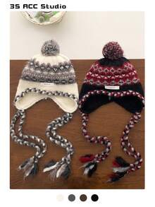 Bohemian Striped Knit Beanie Hat With Extended Braids, Warm And Face-Flattering For Women In Autumn/Winter