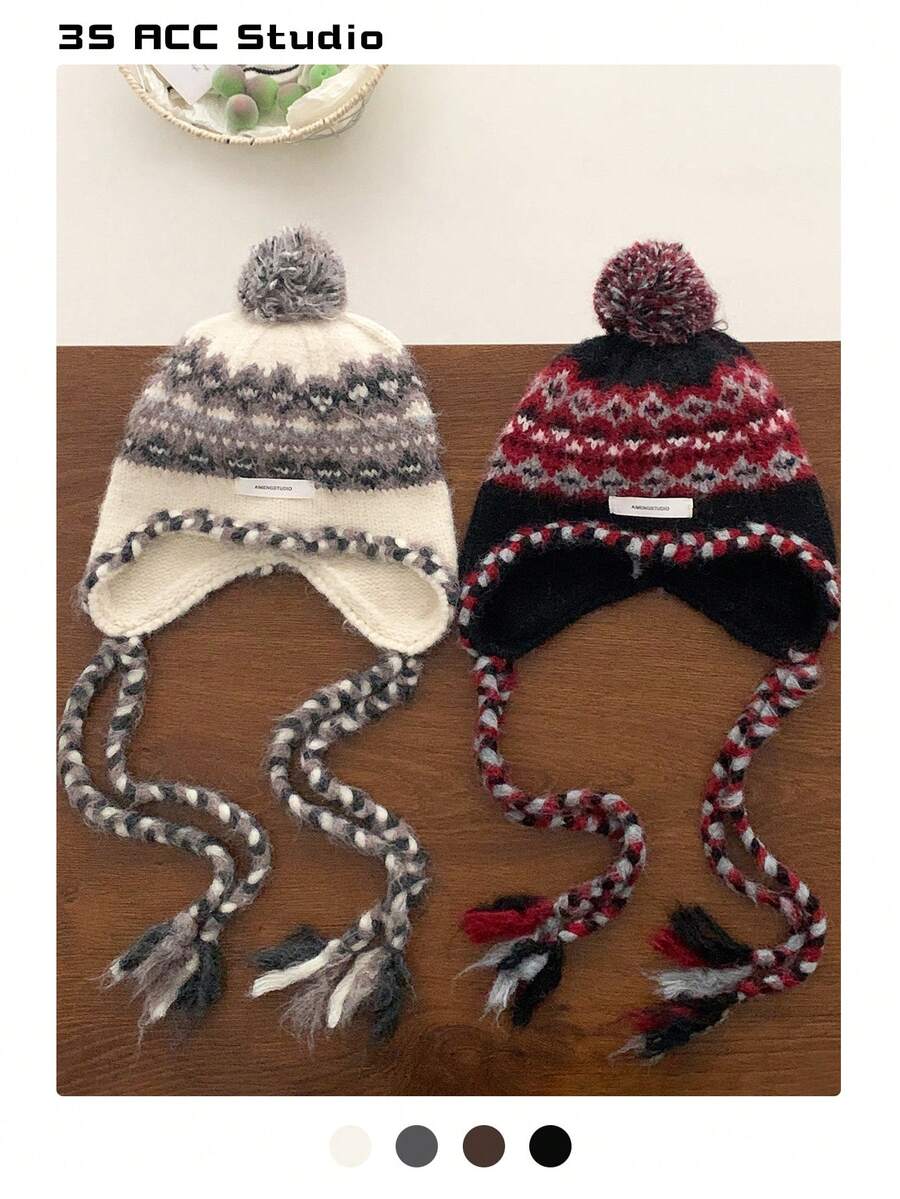 Bohemian Striped Knit Beanie Hat With Extended Braids, Warm And Face-Flattering For Women In Autumn/Winter