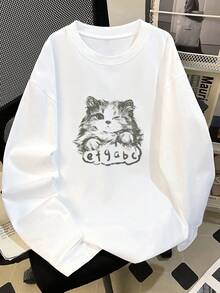 Áo thun cotton dài tay in họa tiết hoạt hình dáng rộng rãi cho nữ, đa năng cho mùa xuân và mùa thu - trắng - Xem 4