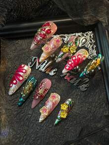 10件套尖头美甲套装，手工美甲贴纸，3D立体美甲水钻钢珠配件，彩色闪亮美甲宝石，手绘花朵图案，浅粉色、红色和绿色多色扎染手绘几何图案，Y2K风格，可佩戴美甲套装，适合女性日常佩戴和派对场合（内含：一块果冻胶和一条摩擦条）美甲用品 - 玫紅色 - 查看 4