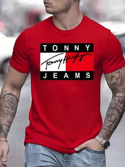 Gráfico rectangular con fondo dividido en blanco y rojo resaltando la firma cursiva en negro y las palabras TONNY JEANS que transmiten un mensaje moderno de moda urbana para expresar personalidad y actitud positiva camiseta deportiva de hombre 100% algodón 220g