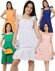 Vestido Curto Juvenil Regata Manga Babado Laise Cintura Solta Casual Conforto e Estilo Amarrar - Branco - Visão 2