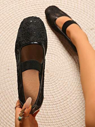 女士玫瑰花蕾丝网眼方头高跟鞋，户外休闲婚礼派对透气镂空高跟鞋，时尚芭蕾平底乐福鞋