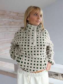 Women's Autumn And Winter High-Neck Button-Checked Pullover Knitted Top - Khaki - View 4