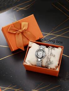 Set de 2 piezas de reloj y pulsera con diamantes incrustados con números romanos de moda, con movimiento de cuarzo (con caja de regalo) para mujeres - Plateado - Ver 4